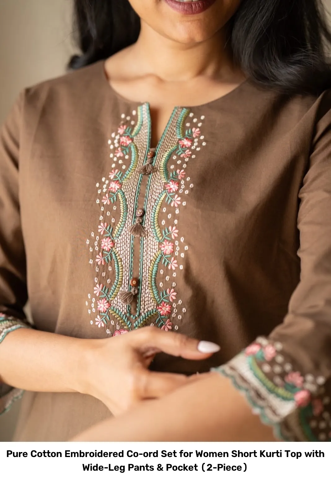 Pure Cotton Embroidered Co-ord Set for Women – Short Kurti Top with Wide-Leg Pants & Pocket (2-Piece) 14