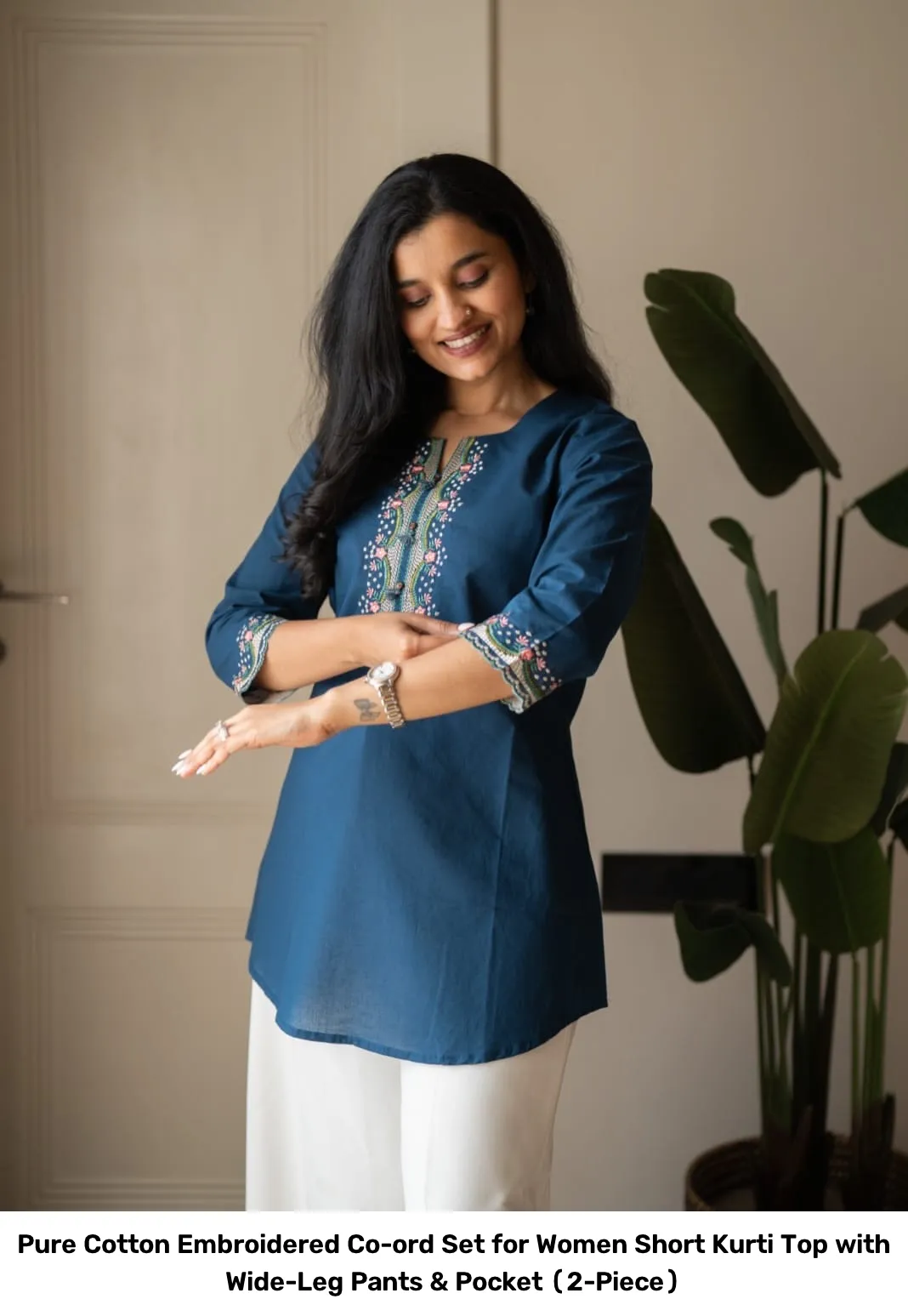Pure Cotton Embroidered Co-ord Set for Women – Short Kurti Top with Wide-Leg Pants & Pocket (2-Piece) 15