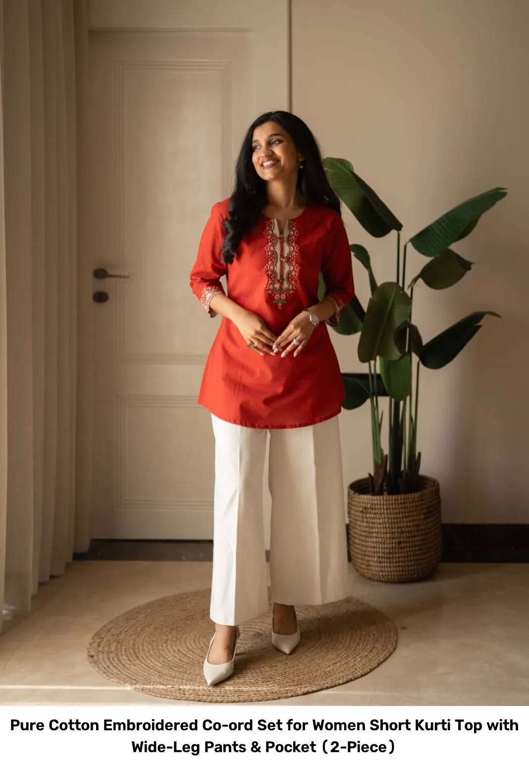 Pure Cotton Embroidered Co-ord Set for Women – Short Kurti Top with Wide-Leg Pants & Pocket (2-Piece) 16