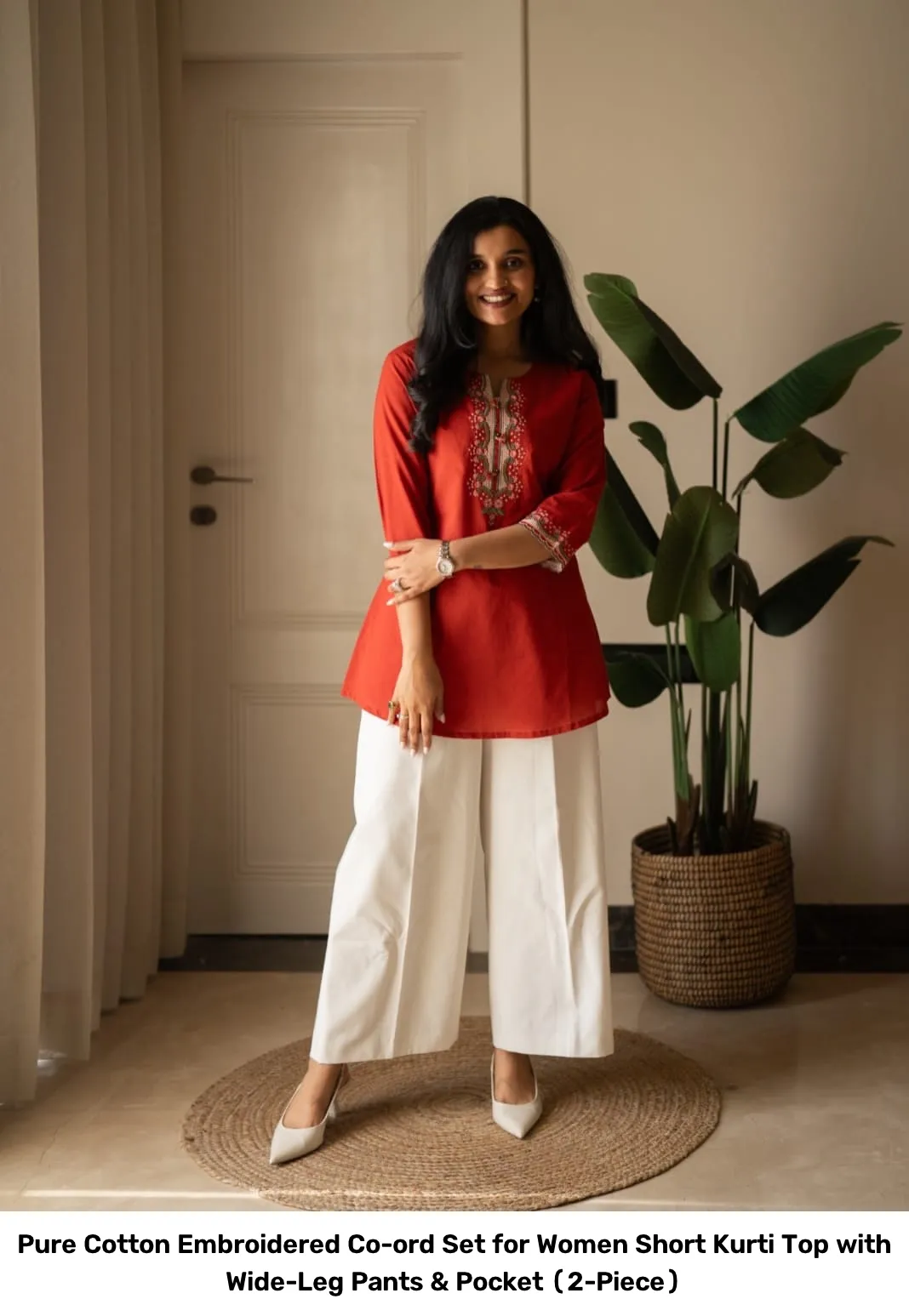 Pure Cotton Embroidered Co-ord Set for Women – Short Kurti Top with Wide-Leg Pants & Pocket (2-Piece) 18