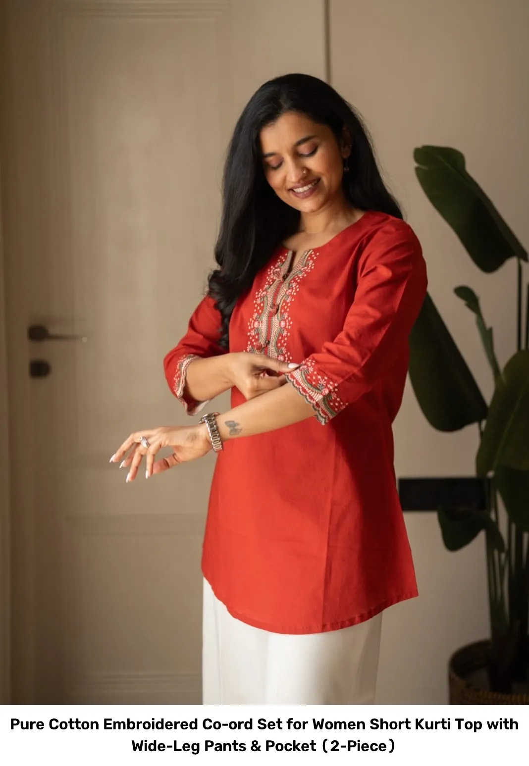 Pure Cotton Embroidered Co-ord Set for Women – Short Kurti Top with Wide-Leg Pants & Pocket (2-Piece) 19