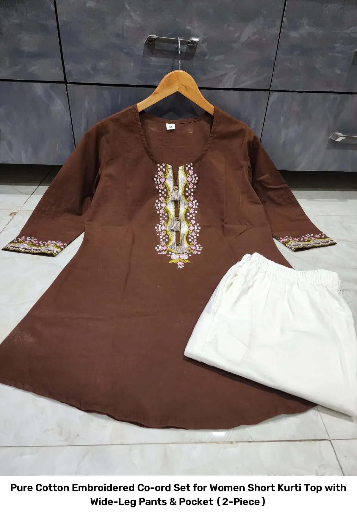 Pure Cotton Embroidered Co-ord Set for Women – Short Kurti Top with Wide-Leg Pants & Pocket (2-Piece) 4