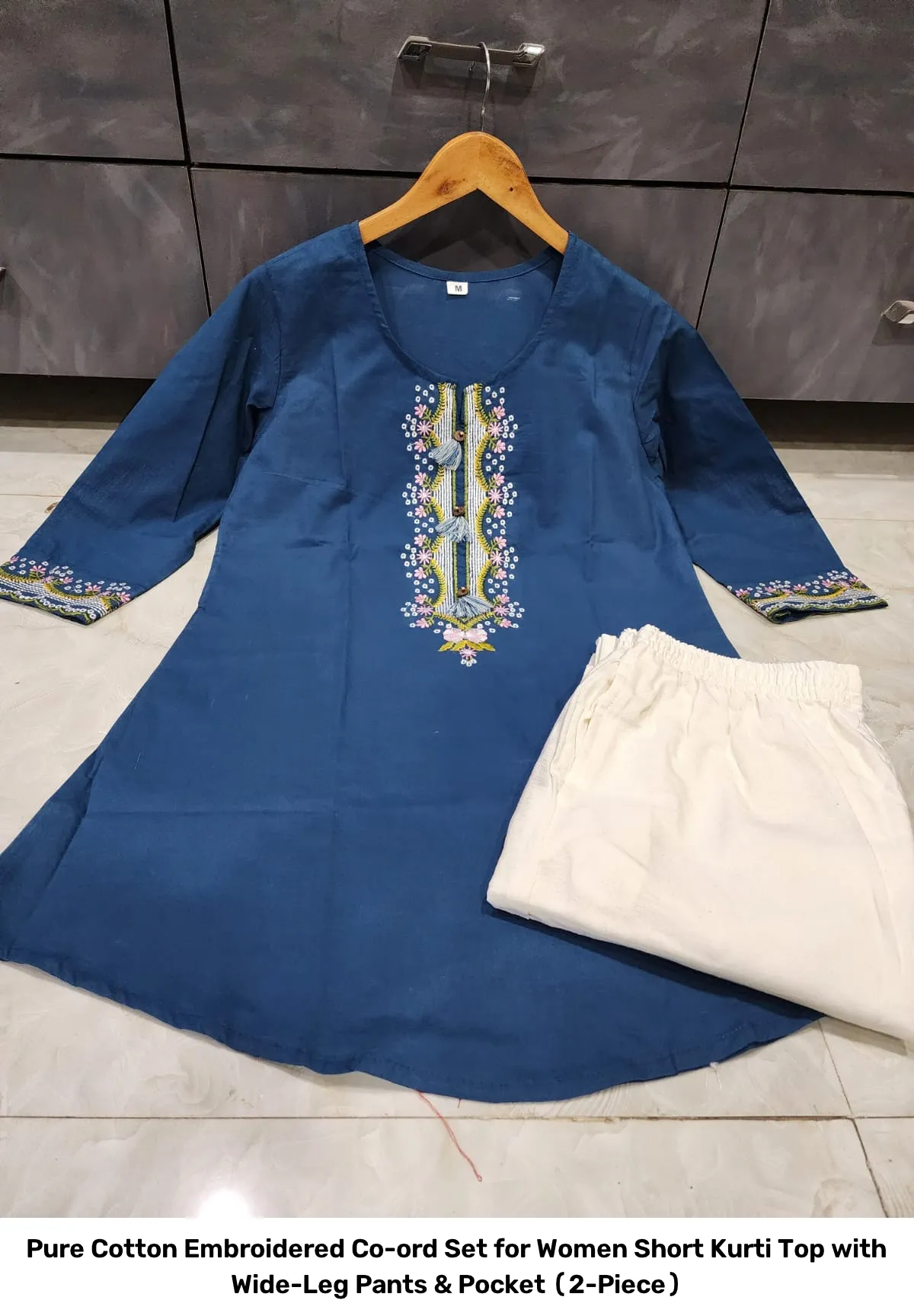 Pure Cotton Embroidered Co-ord Set for Women – Short Kurti Top with Wide-Leg Pants & Pocket (2-Piece) 6