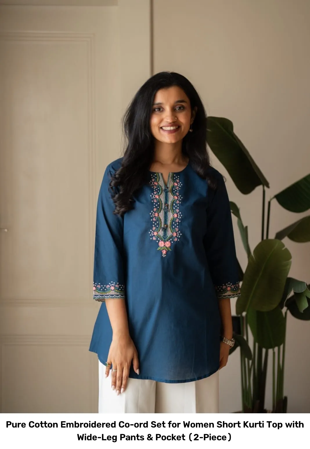 Pure Cotton Embroidered Co-ord Set for Women – Short Kurti Top with Wide-Leg Pants & Pocket (2-Piece) 7