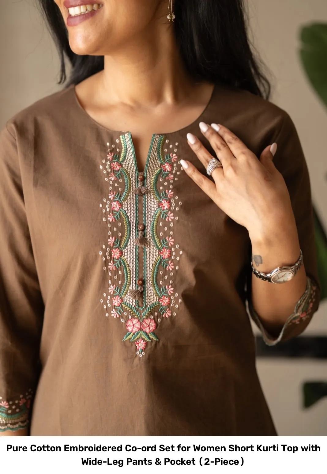 Pure Cotton Embroidered Co-ord Set for Women – Short Kurti Top with Wide-Leg Pants & Pocket (2-Piece) 8