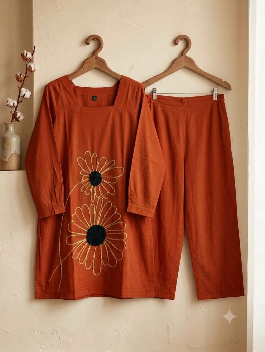 Pure Cotton Embroidered Kurti Pant Co Ord Set