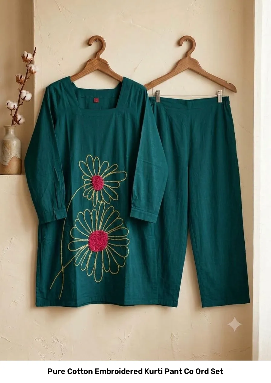 Pure Cotton Embroidered Kurti Pant Co Ord Set 2
