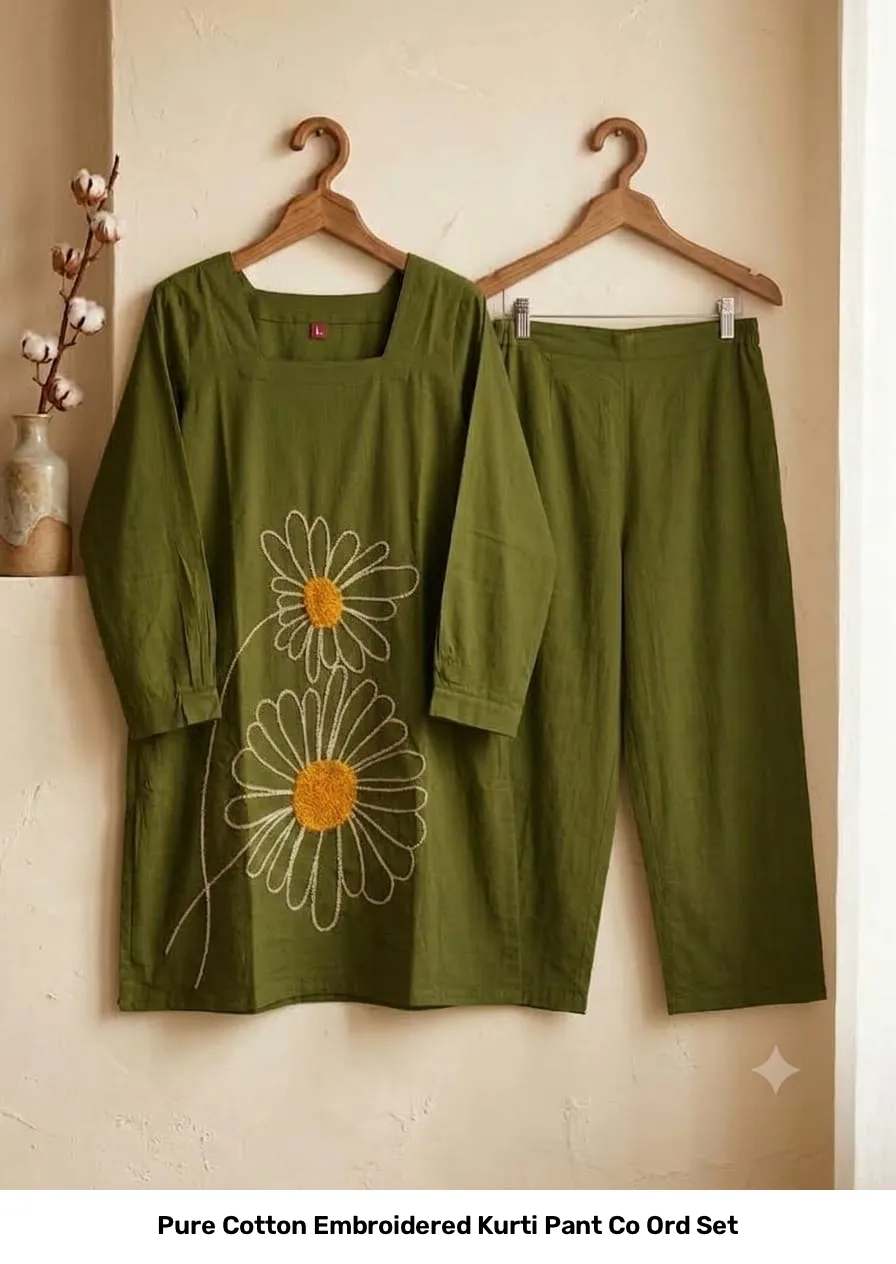 Pure Cotton Embroidered Kurti Pant Co Ord Set 5