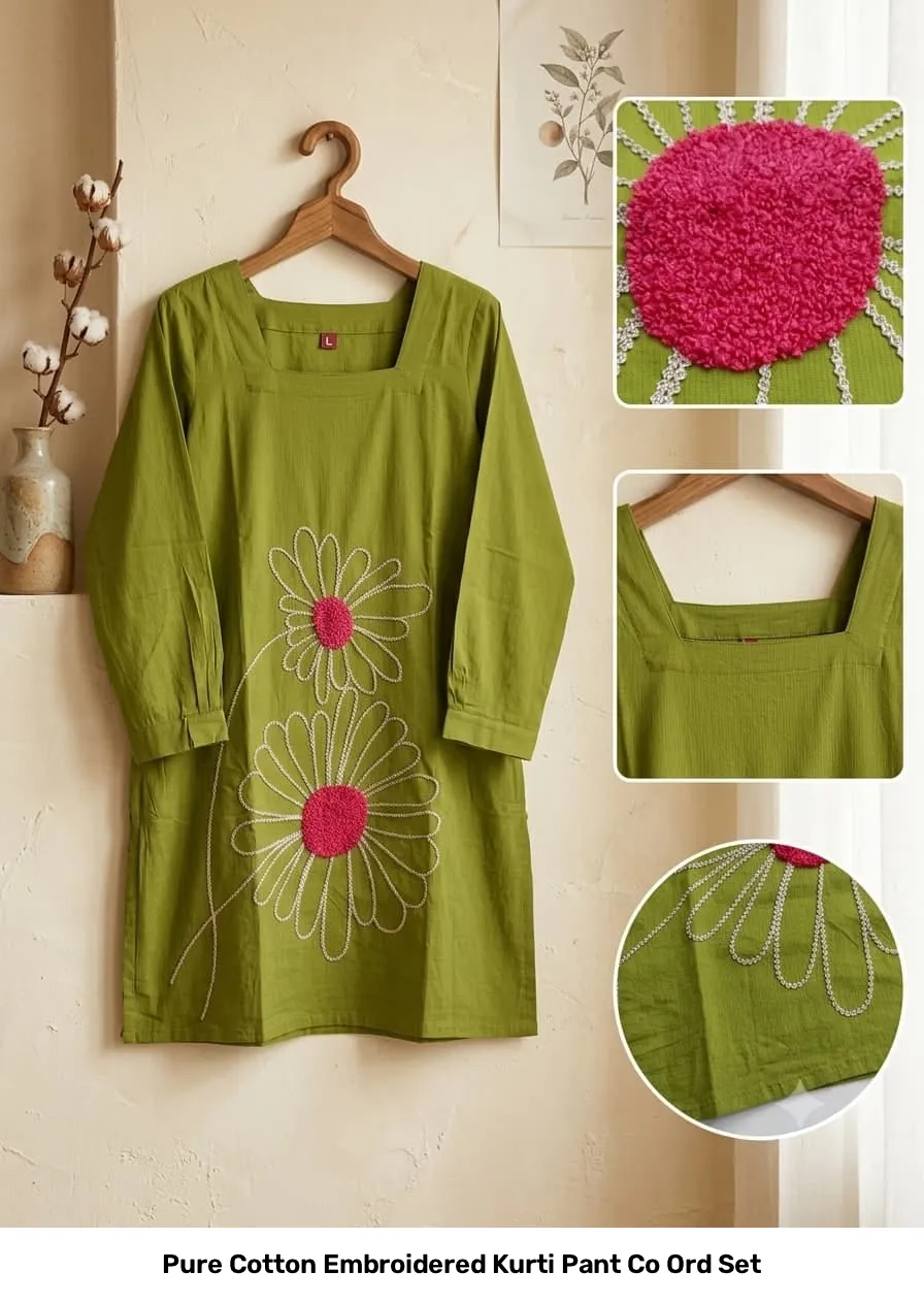 Pure Cotton Embroidered Kurti Pant Co Ord Set 6