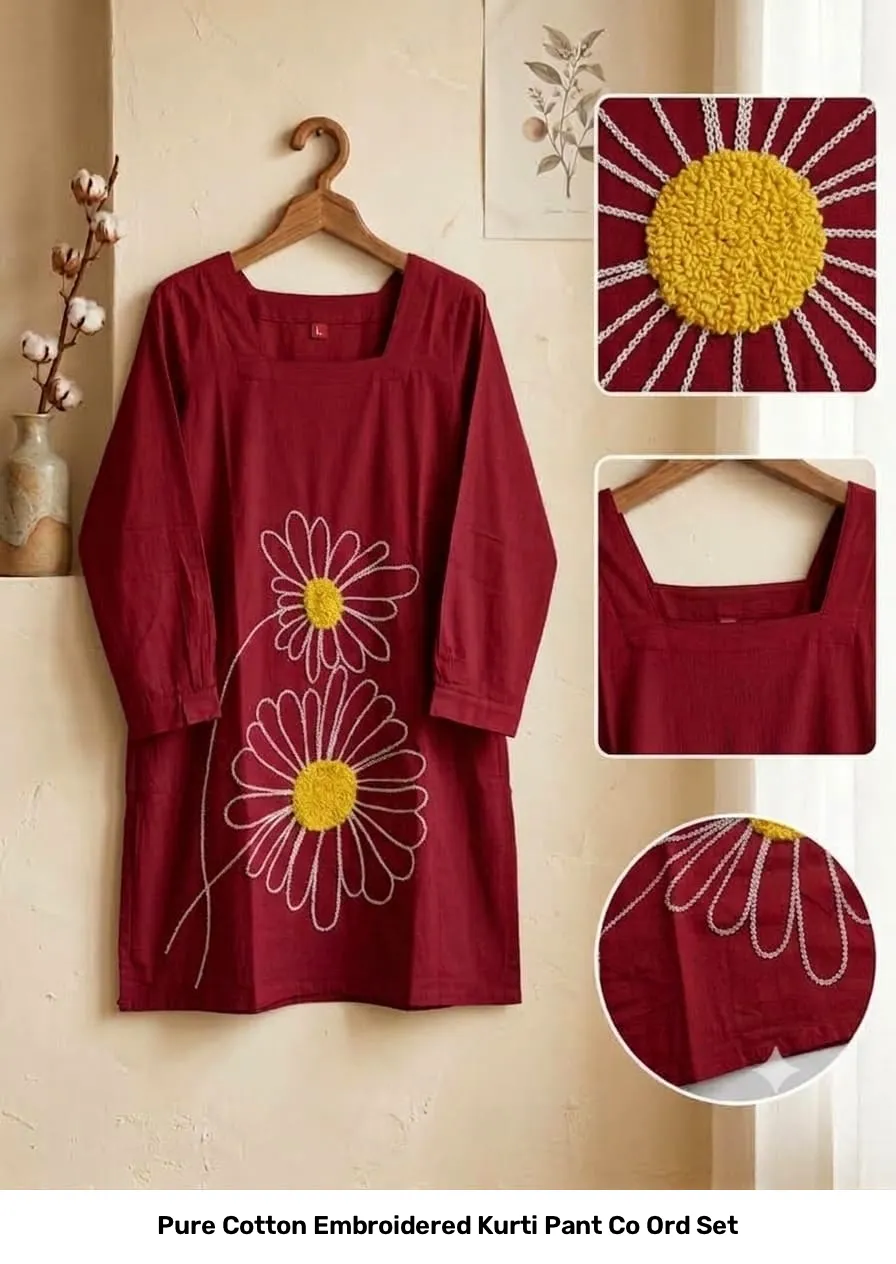 Pure Cotton Embroidered Kurti Pant Co Ord Set 7