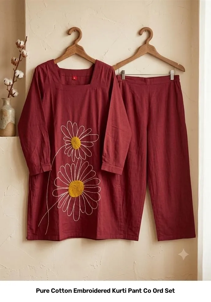 Pure Cotton Embroidered Kurti Pant Co Ord Set 8
