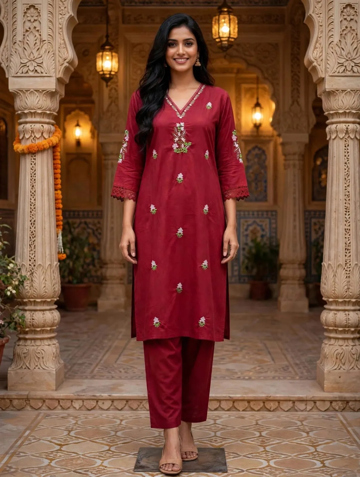Pure Cotton Embroidered Kurti Pant Co-Ord Set with Lace Work