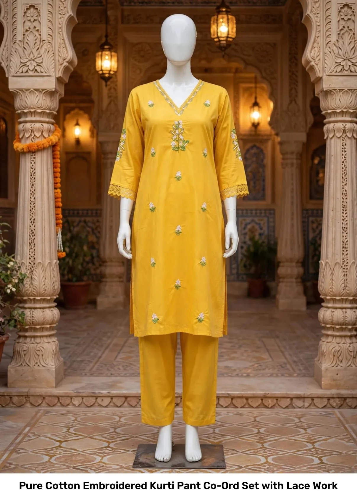 Pure Cotton Embroidered Kurti Pant Co-Ord Set with Lace Work 2