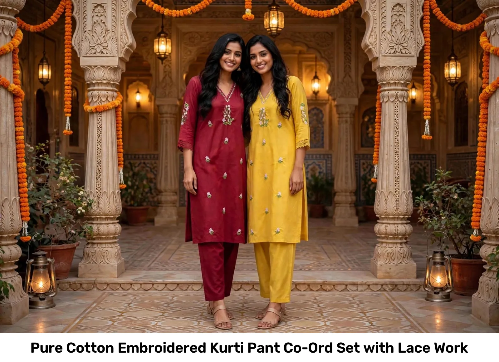 Pure Cotton Embroidered Kurti Pant Co-Ord Set with Lace Work 3