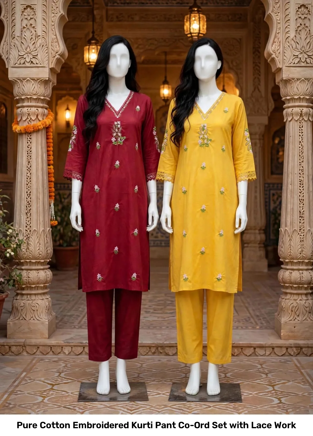 Pure Cotton Embroidered Kurti Pant Co-Ord Set with Lace Work 4