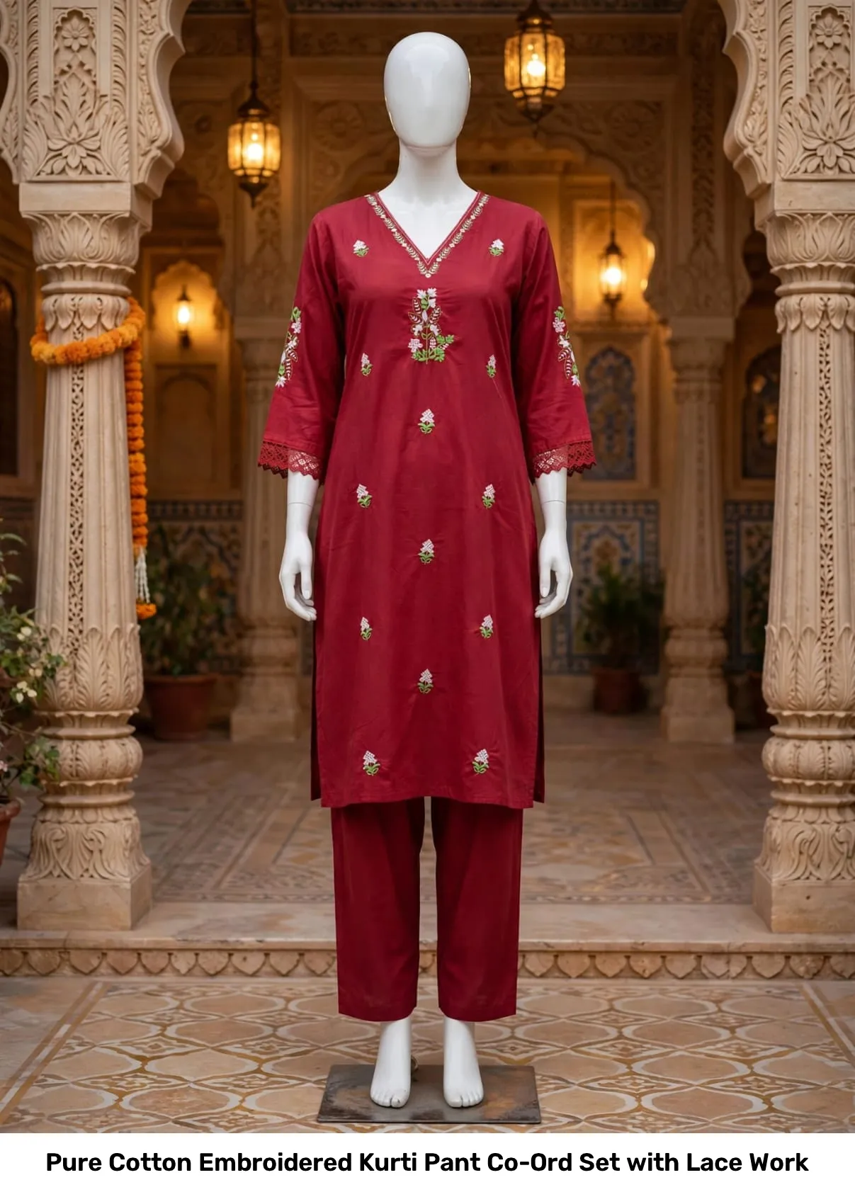 Pure Cotton Embroidered Kurti Pant Co-Ord Set with Lace Work 5