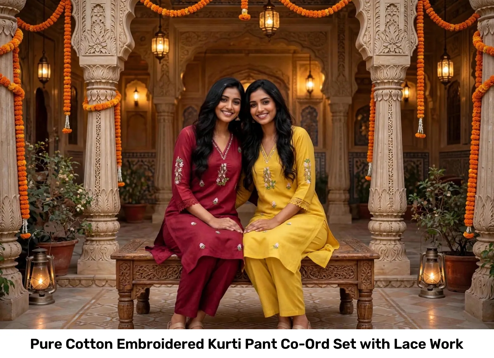 Pure Cotton Embroidered Kurti Pant Co-Ord Set with Lace Work 6