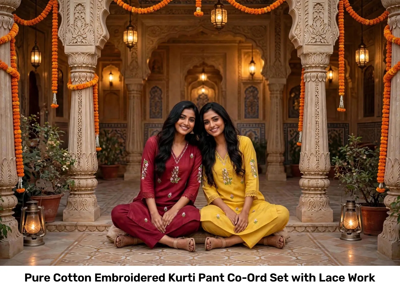 Pure Cotton Embroidered Kurti Pant Co-Ord Set with Lace Work 7
