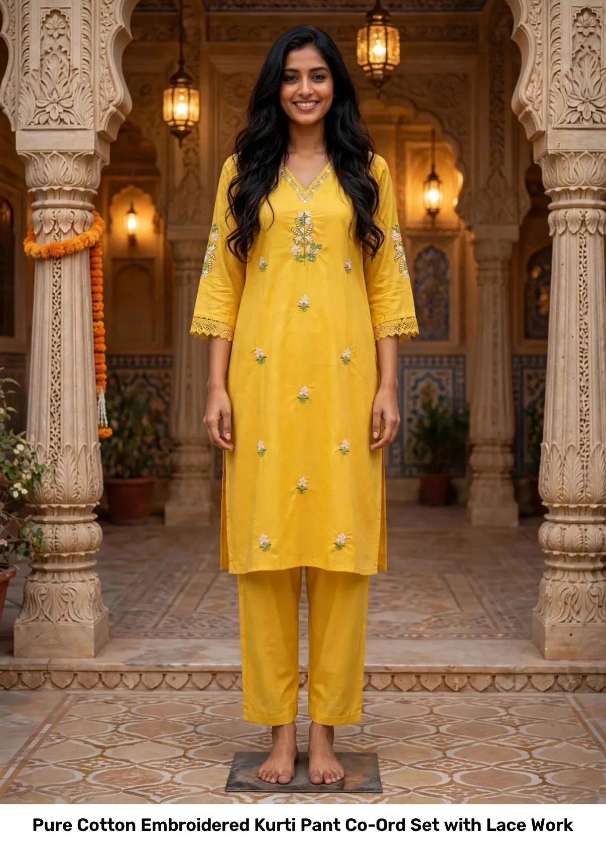 Pure Cotton Embroidered Kurti Pant Co-Ord Set with Lace Work 8