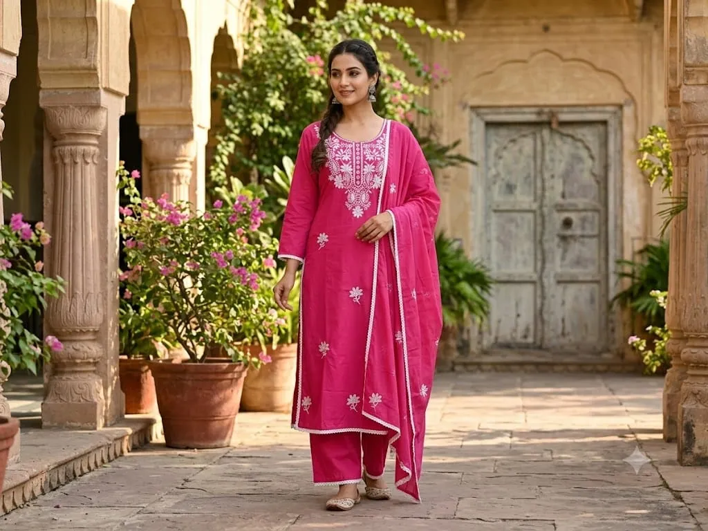 Pure Cotton Embroidered Kurti Pant Set with Dupatta – 3-Piece Straight Salwar Suit for Women | Festive & Daily Ethnic Wear