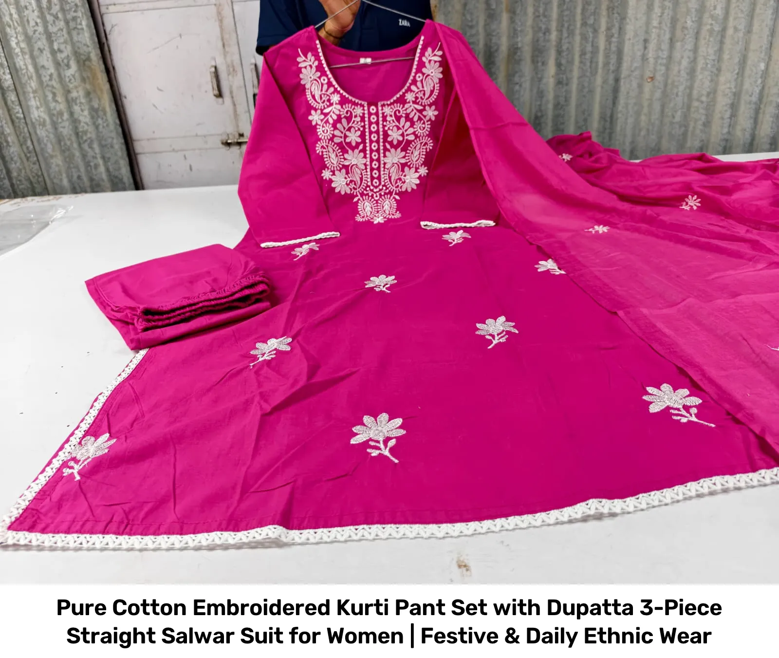 Pure Cotton Embroidered Kurti Pant Set with Dupatta – 3-Piece Straight Salwar Suit for Women | Festive & Daily Ethnic Wear 2