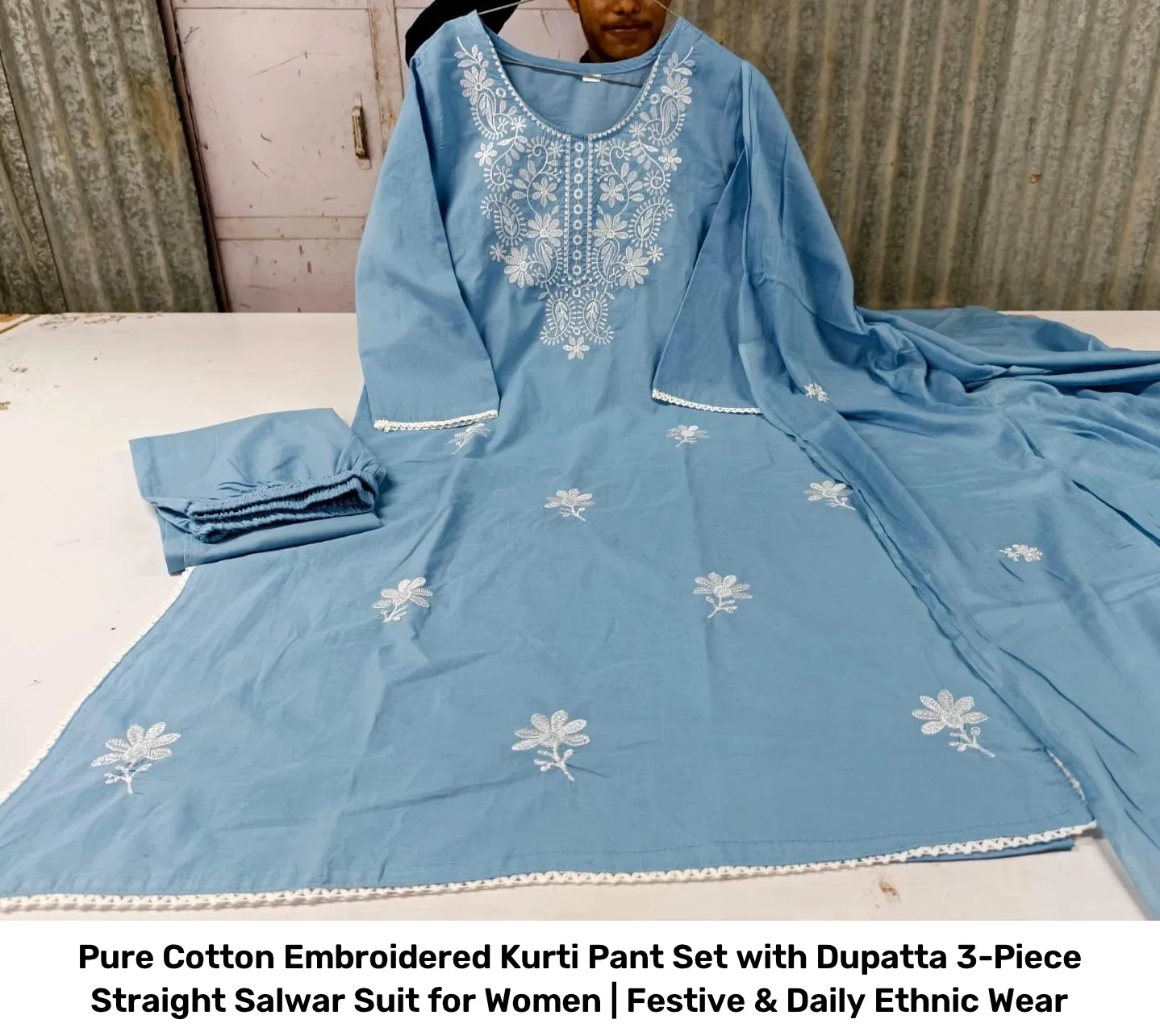 Pure Cotton Embroidered Kurti Pant Set with Dupatta – 3-Piece Straight Salwar Suit for Women | Festive & Daily Ethnic Wear 3