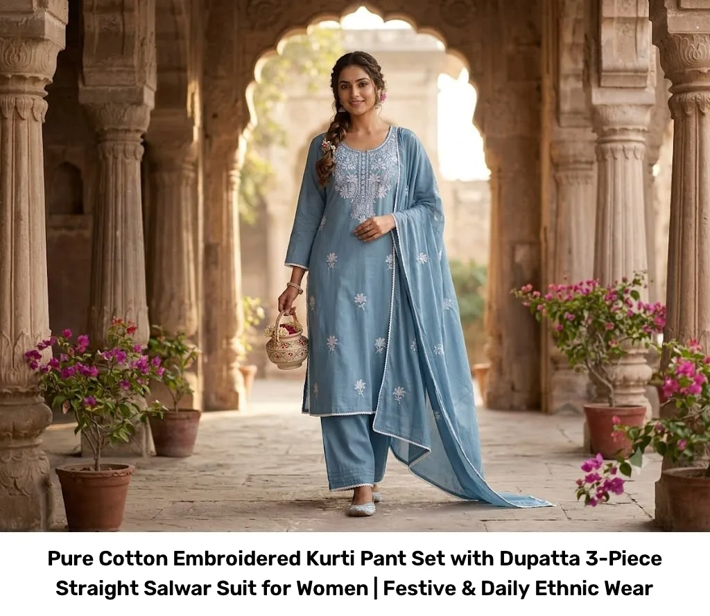 Pure Cotton Embroidered Kurti Pant Set with Dupatta – 3-Piece Straight Salwar Suit for Women | Festive & Daily Ethnic Wear 4