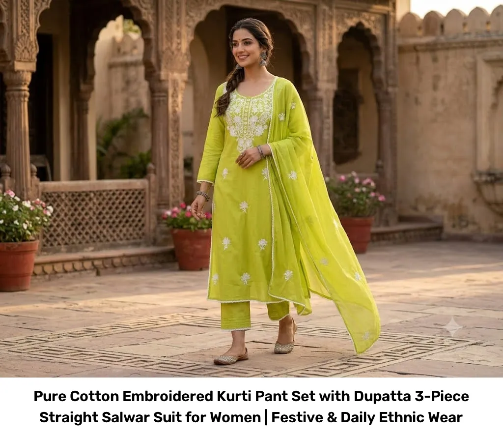 Pure Cotton Embroidered Kurti Pant Set with Dupatta – 3-Piece Straight Salwar Suit for Women | Festive & Daily Ethnic Wear 5