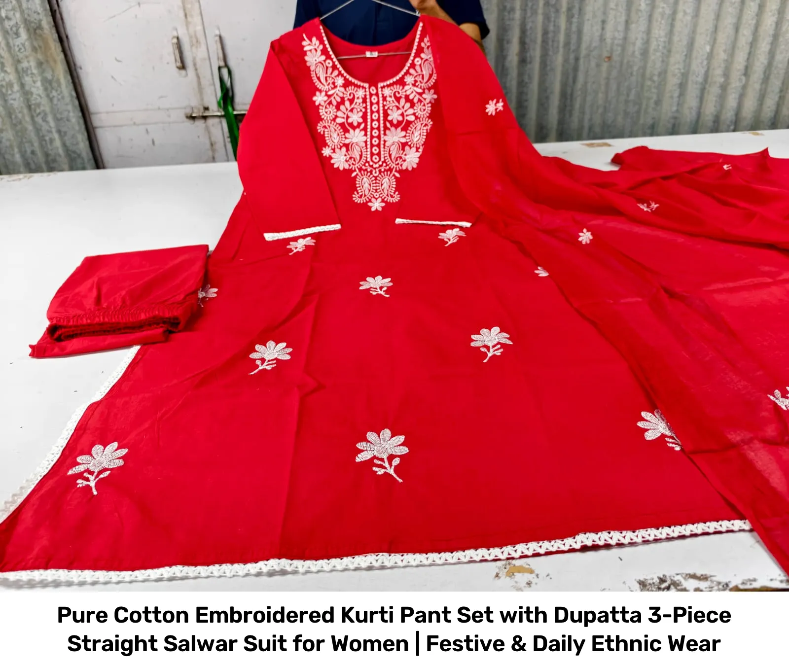 Pure Cotton Embroidered Kurti Pant Set with Dupatta – 3-Piece Straight Salwar Suit for Women | Festive & Daily Ethnic Wear 7