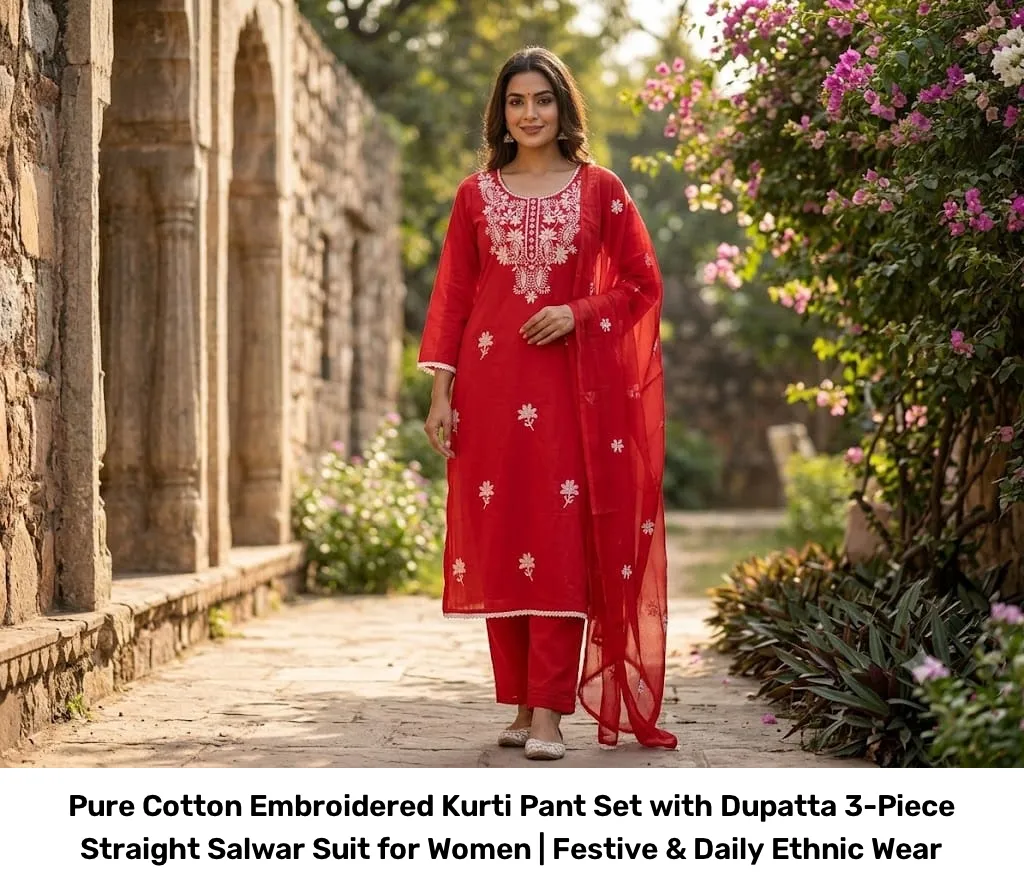 Pure Cotton Embroidered Kurti Pant Set with Dupatta – 3-Piece Straight Salwar Suit for Women | Festive & Daily Ethnic Wear 8