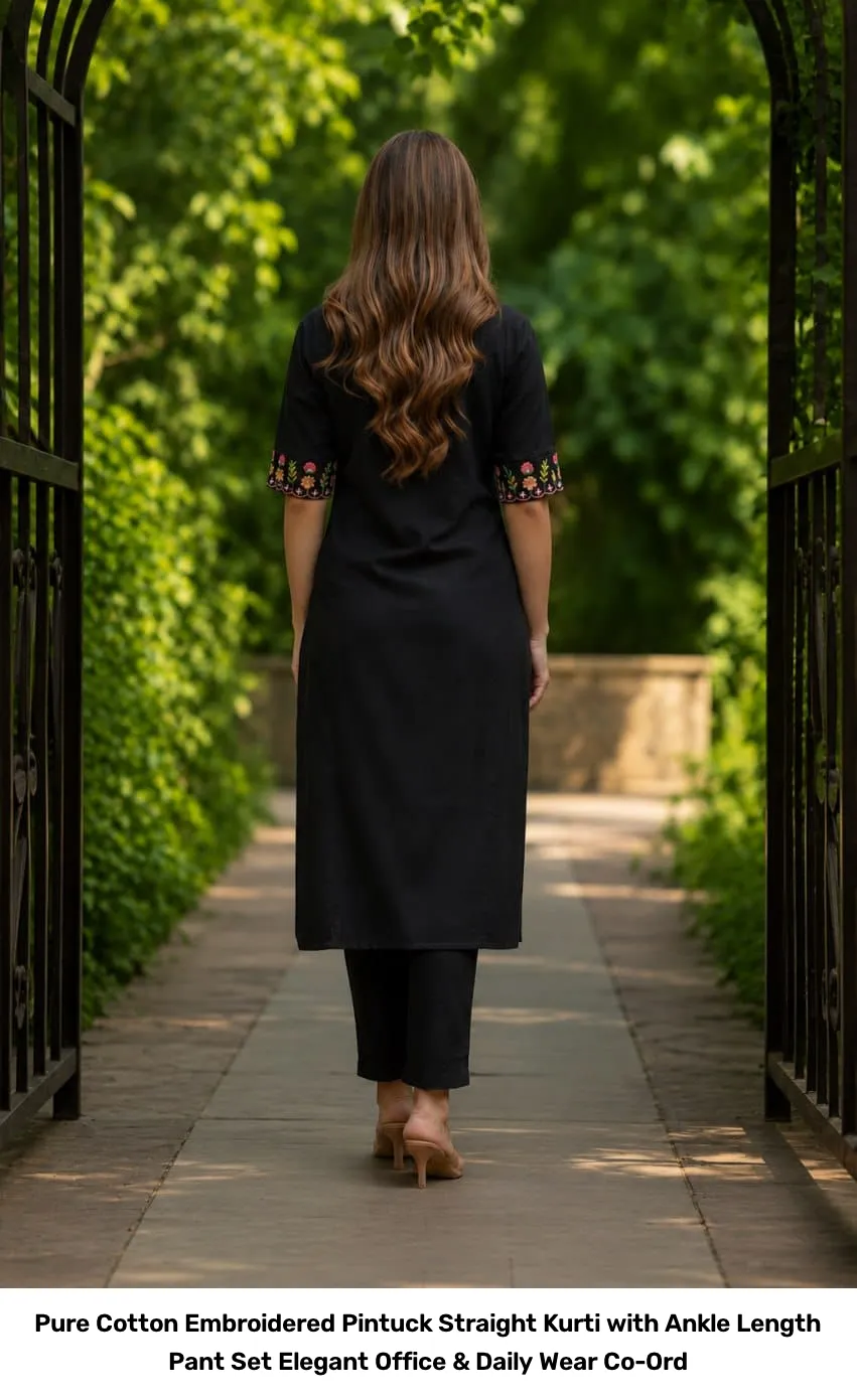 Pure Cotton Embroidered Pintuck Straight Kurti with Ankle Length Pant Set – Elegant Office & Daily Wear Co-Ord 2