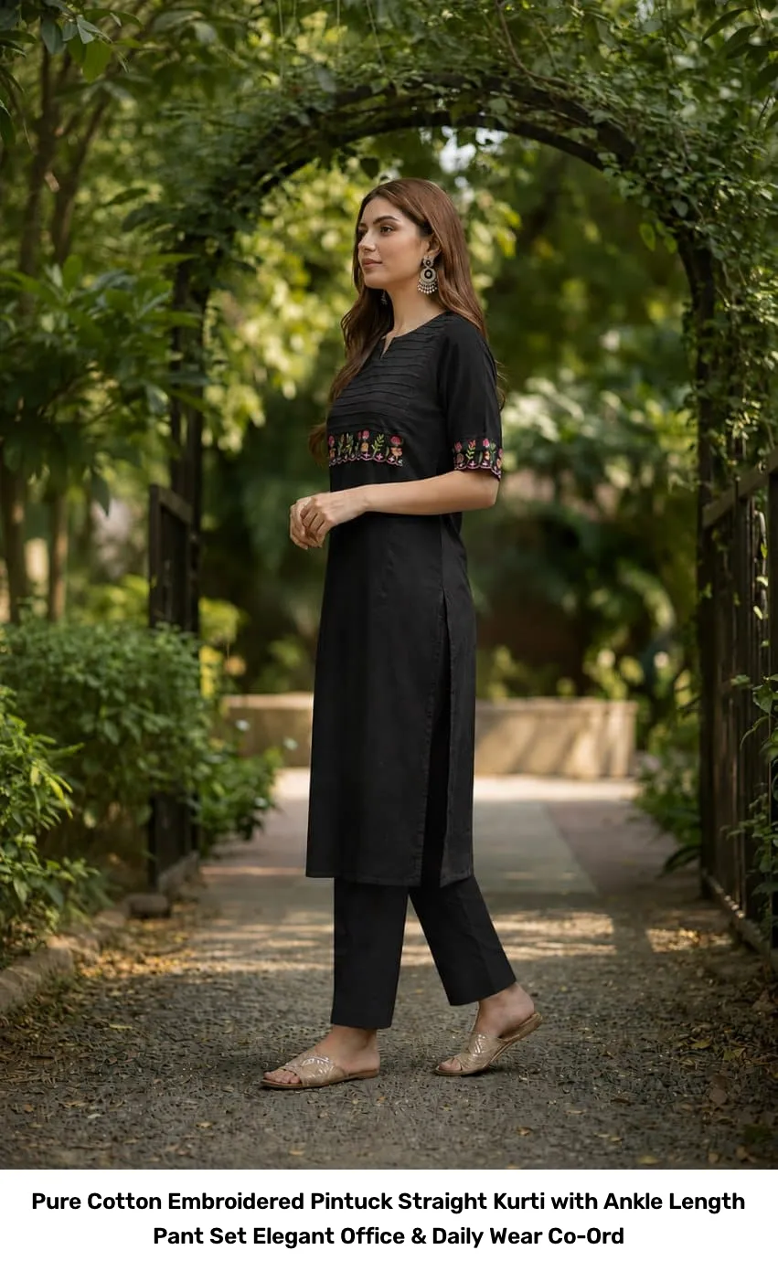 Pure Cotton Embroidered Pintuck Straight Kurti with Ankle Length Pant Set – Elegant Office & Daily Wear Co-Ord 3