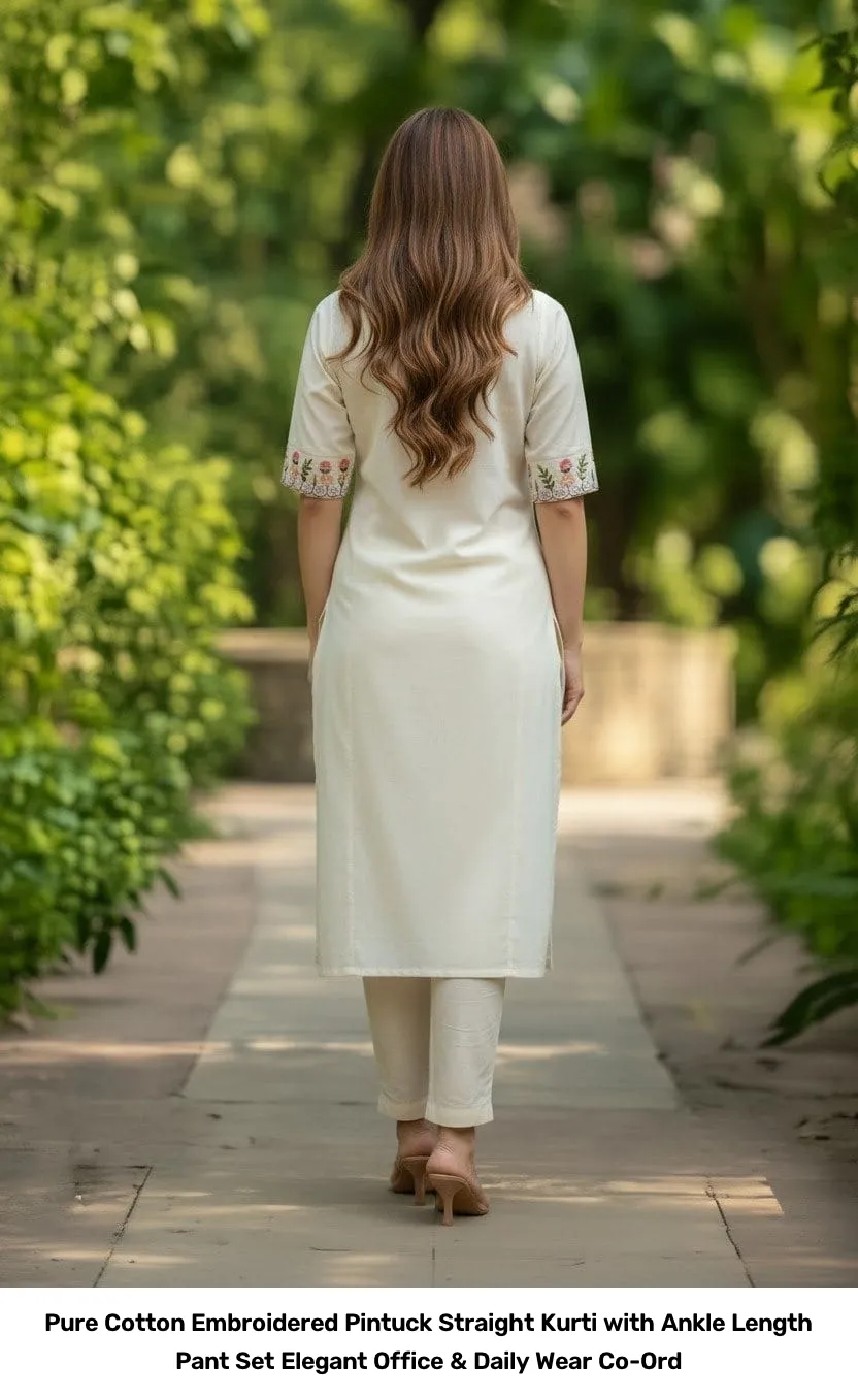 Pure Cotton Embroidered Pintuck Straight Kurti with Ankle Length Pant Set – Elegant Office & Daily Wear Co-Ord 4