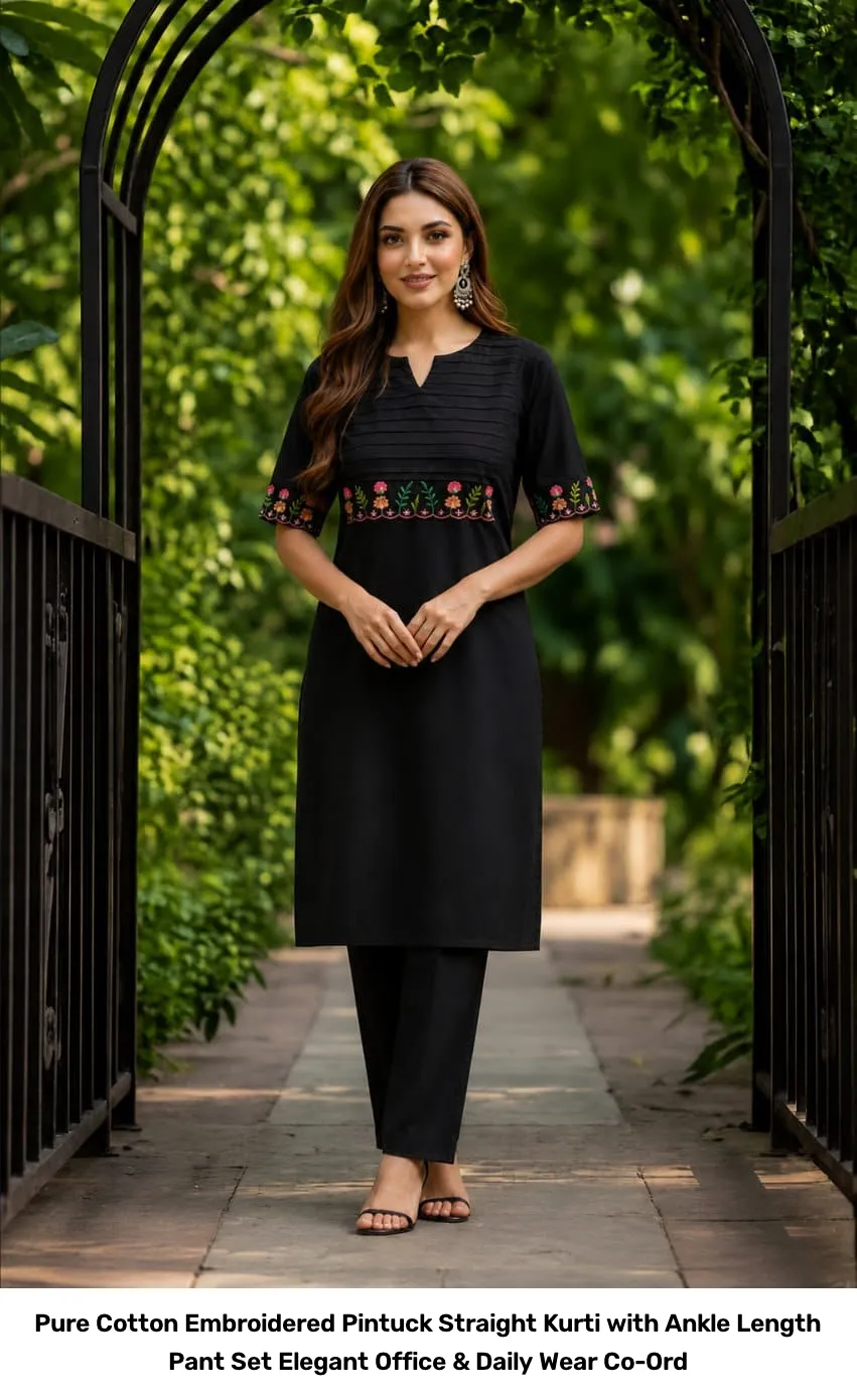 Pure Cotton Embroidered Pintuck Straight Kurti with Ankle Length Pant Set – Elegant Office & Daily Wear Co-Ord 5