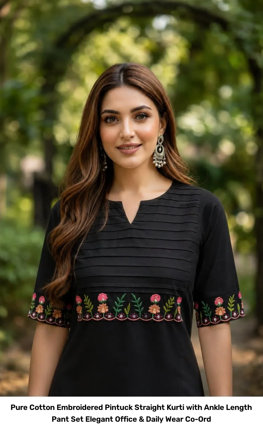 Pure Cotton Embroidered Pintuck Straight Kurti with Ankle Length Pant Set – Elegant Office & Daily Wear Co-Ord 6