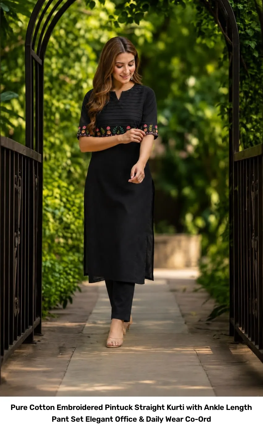 Pure Cotton Embroidered Pintuck Straight Kurti with Ankle Length Pant Set – Elegant Office & Daily Wear Co-Ord 7