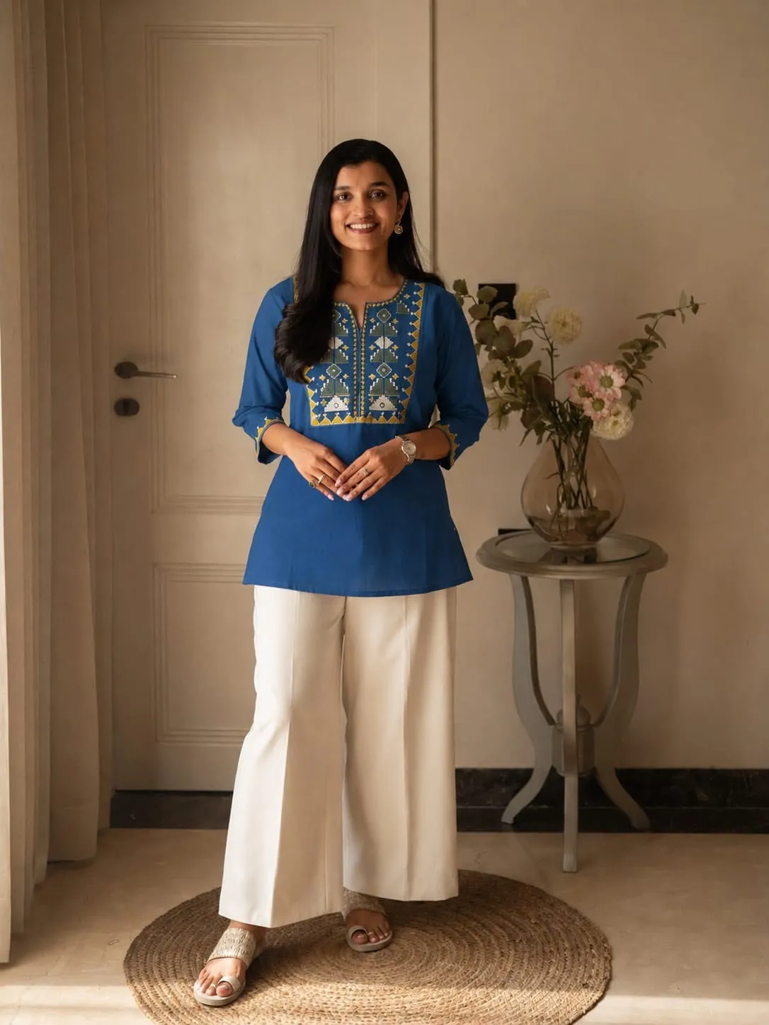 Pure Cotton Embroidered Short Kurti Pant Set (M–3XL)