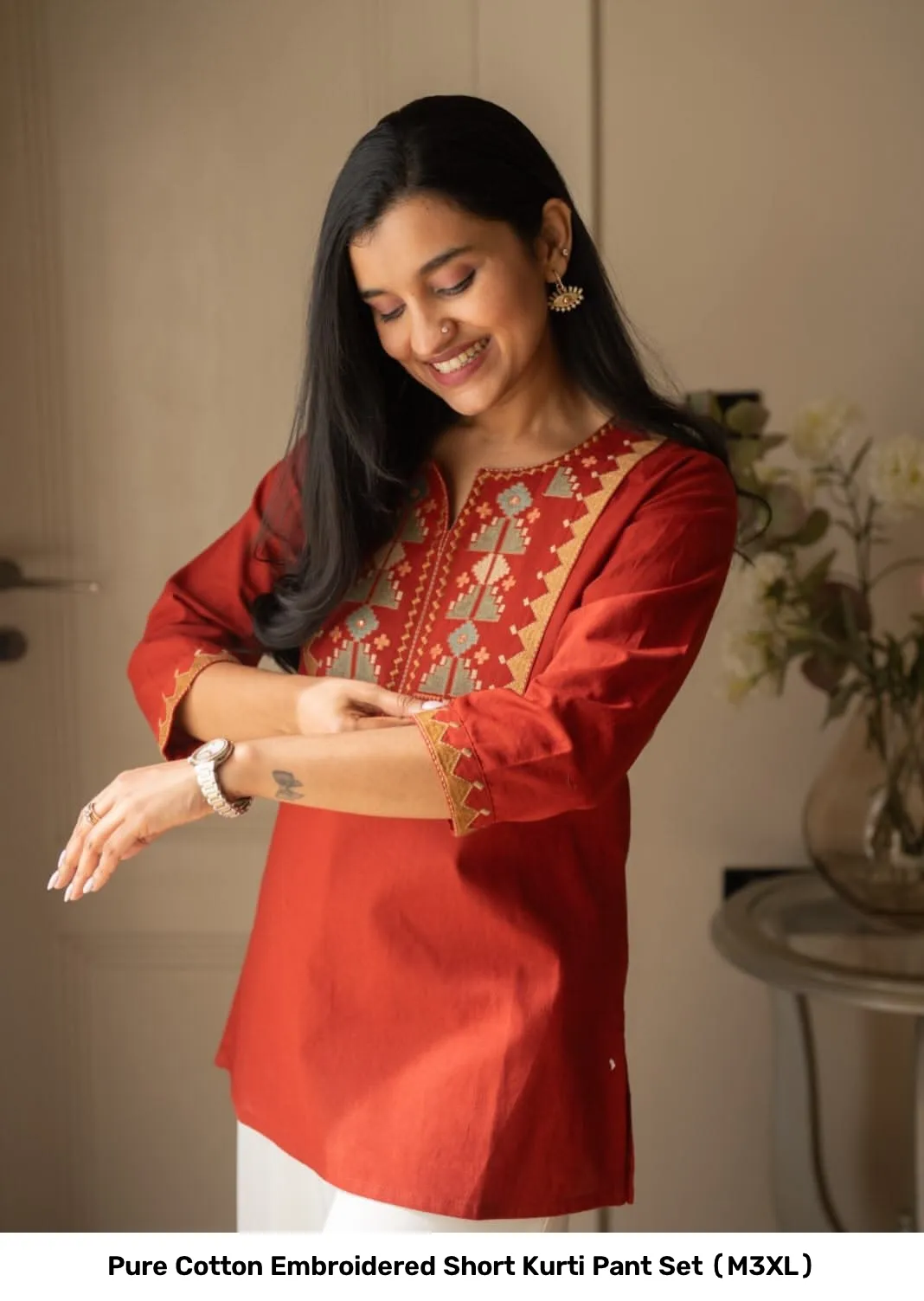 Pure Cotton Embroidered Short Kurti Pant Set (M–3XL) 10