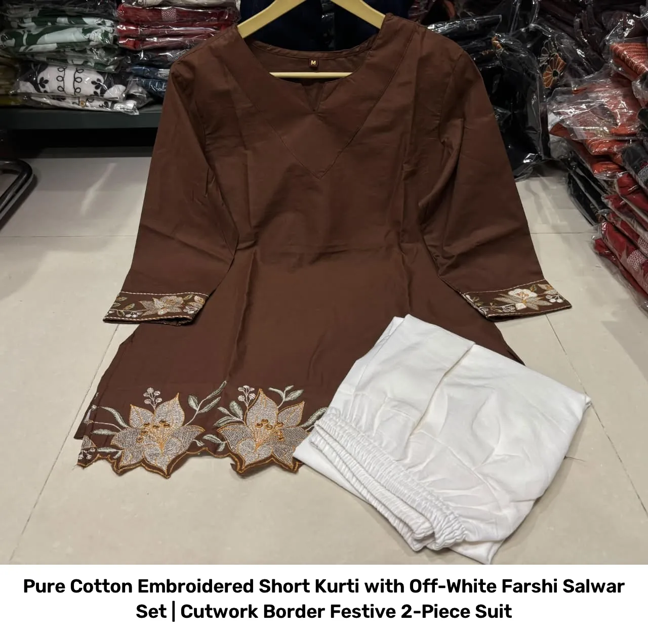 Pure Cotton Embroidered Short Kurti with Off-White Farshi Salwar Set | Cutwork Border Festive 2-Piece Suit 10