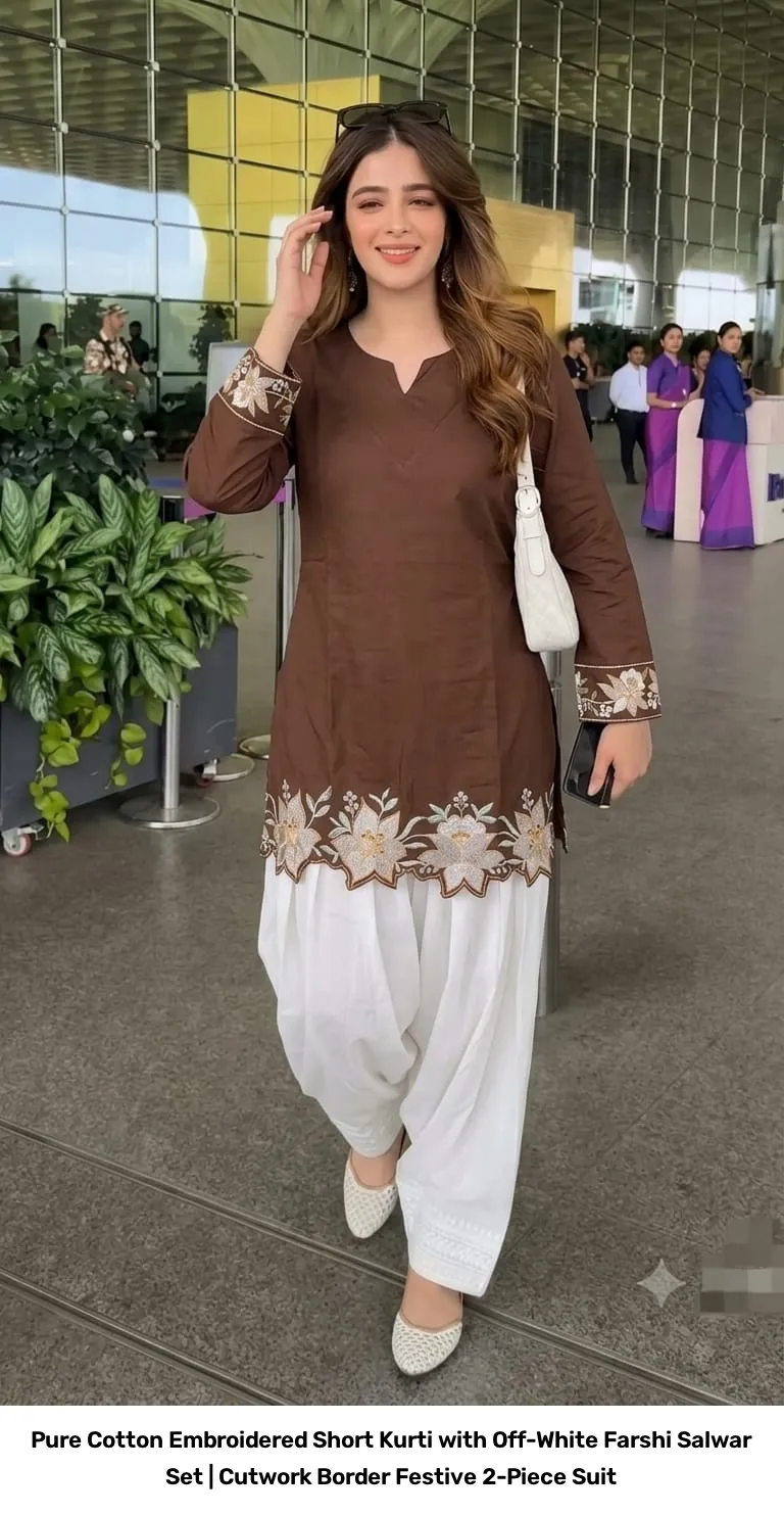 Pure Cotton Embroidered Short Kurti with Off-White Farshi Salwar Set | Cutwork Border Festive 2-Piece Suit 12
