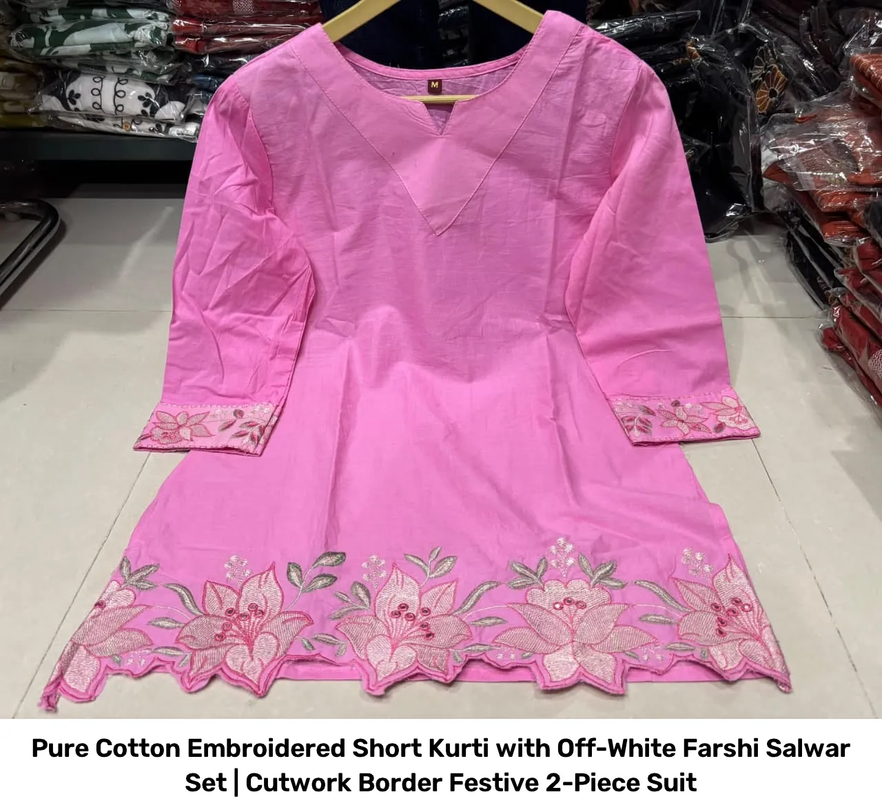 Pure Cotton Embroidered Short Kurti with Off-White Farshi Salwar Set | Cutwork Border Festive 2-Piece Suit 14