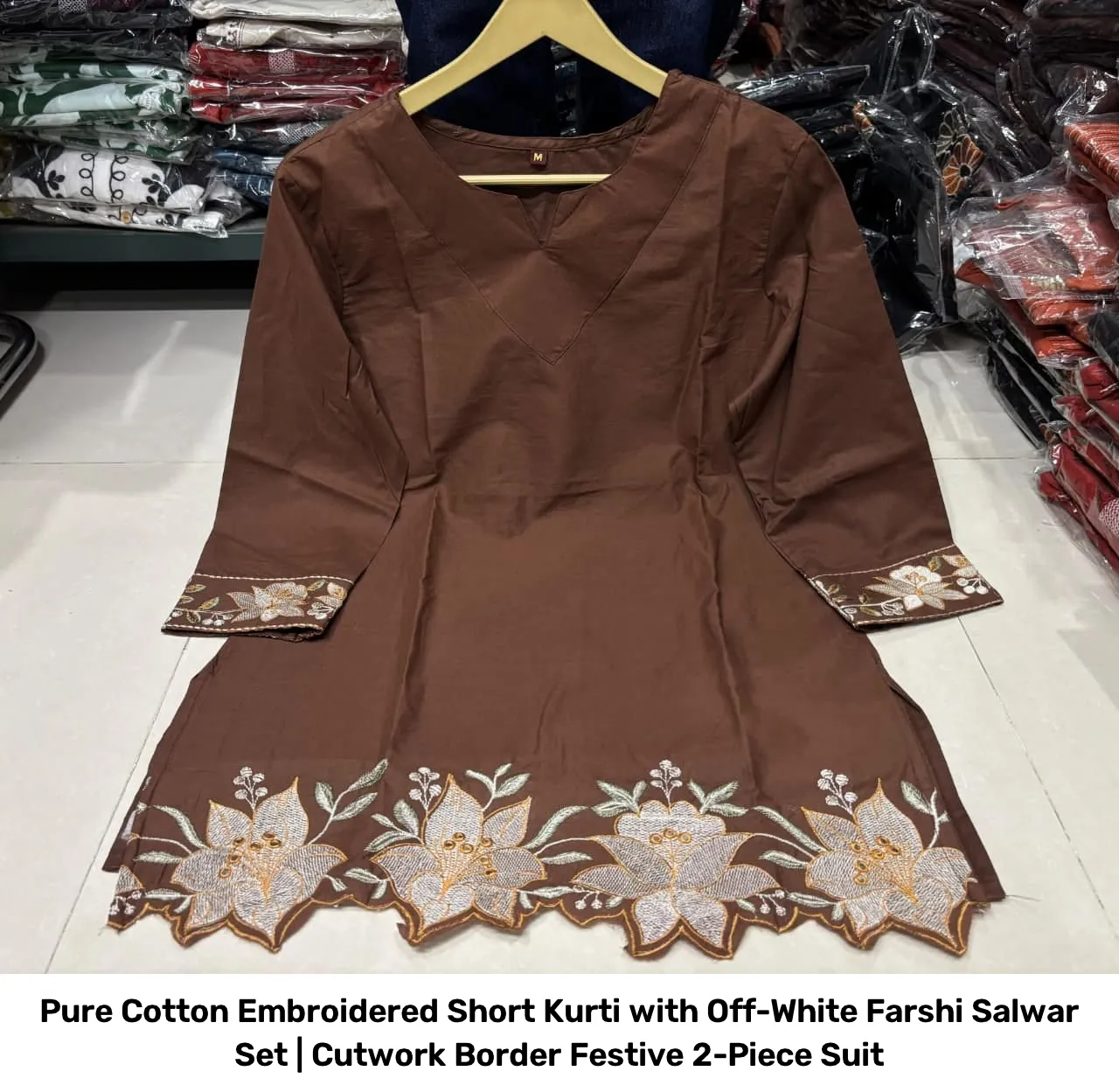 Pure Cotton Embroidered Short Kurti with Off-White Farshi Salwar Set | Cutwork Border Festive 2-Piece Suit 17