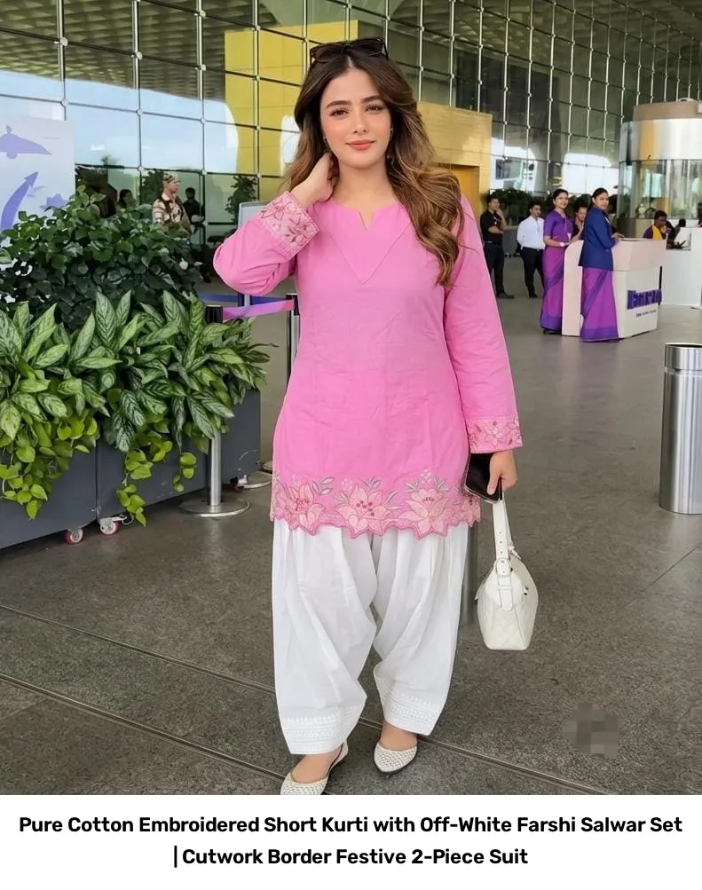 Pure Cotton Embroidered Short Kurti with Off-White Farshi Salwar Set | Cutwork Border Festive 2-Piece Suit 2