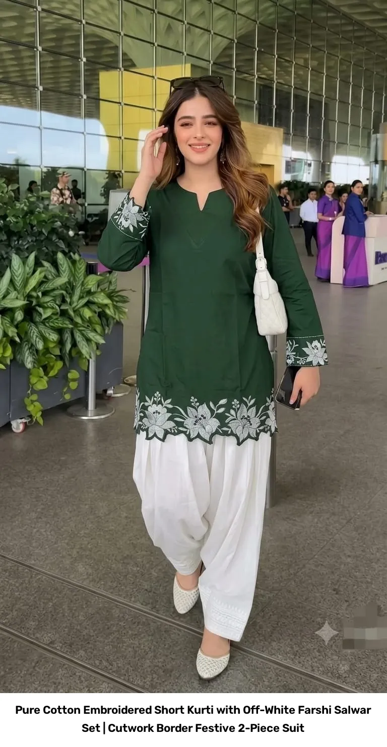 Pure Cotton Embroidered Short Kurti with Off-White Farshi Salwar Set | Cutwork Border Festive 2-Piece Suit 3