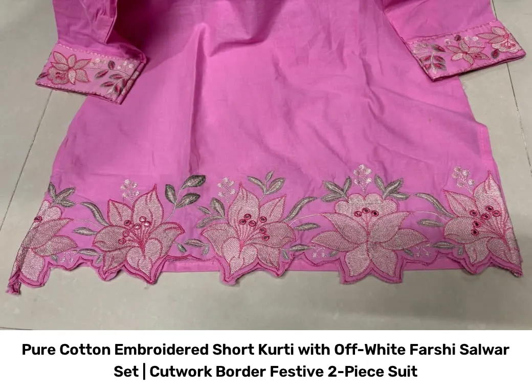 Pure Cotton Embroidered Short Kurti with Off-White Farshi Salwar Set | Cutwork Border Festive 2-Piece Suit 4