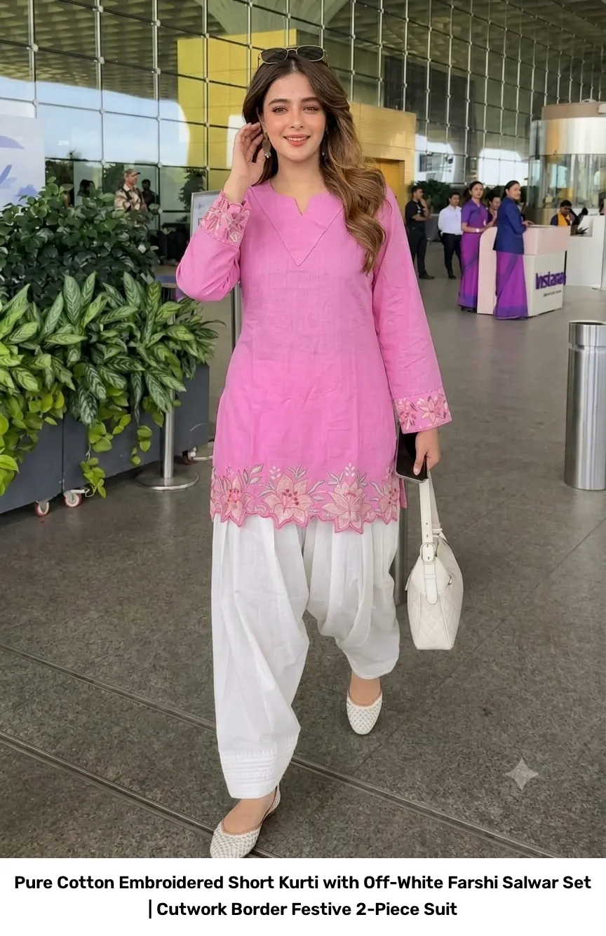 Pure Cotton Embroidered Short Kurti with Off-White Farshi Salwar Set | Cutwork Border Festive 2-Piece Suit 5