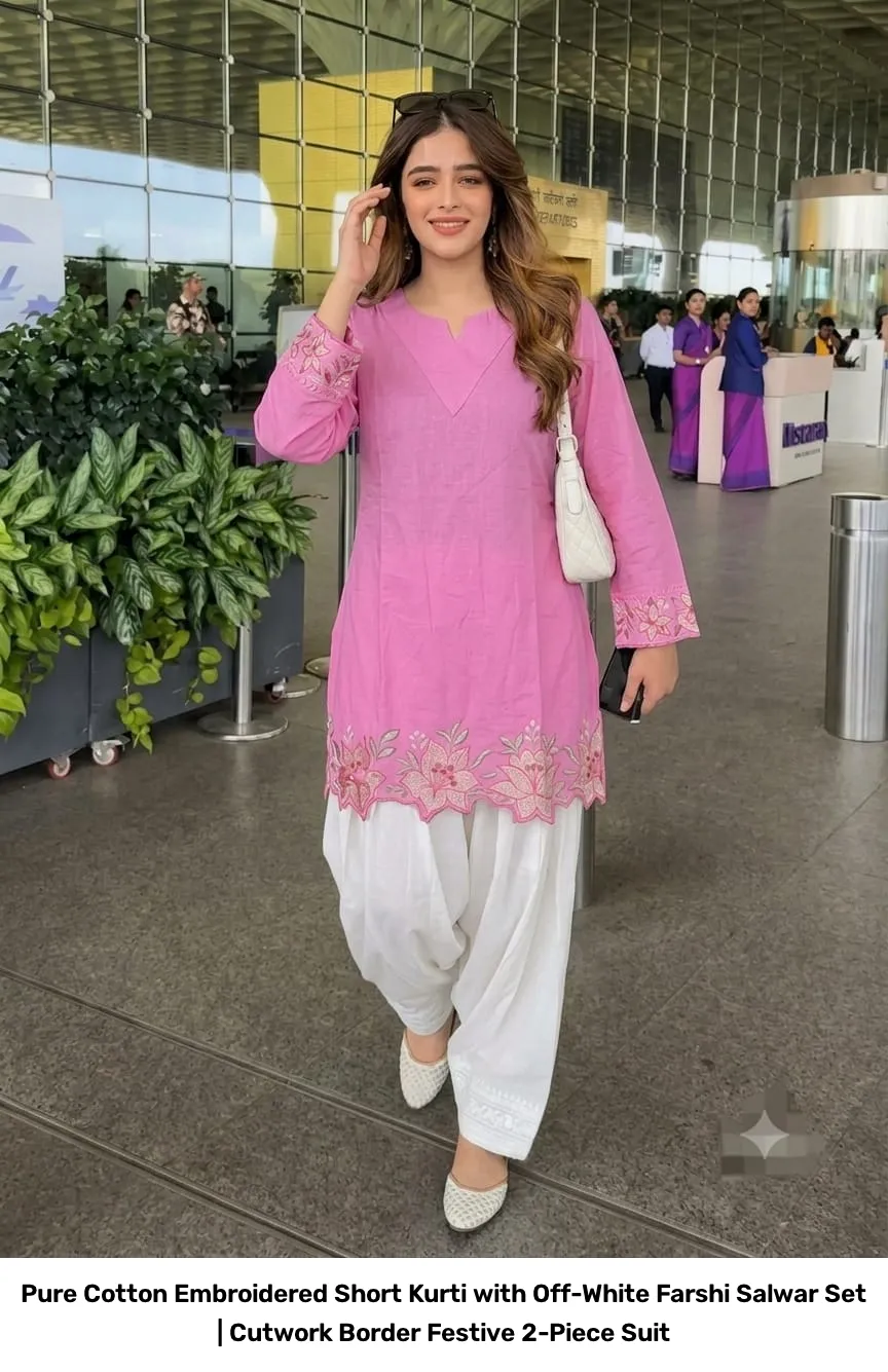 Pure Cotton Embroidered Short Kurti with Off-White Farshi Salwar Set | Cutwork Border Festive 2-Piece Suit 6