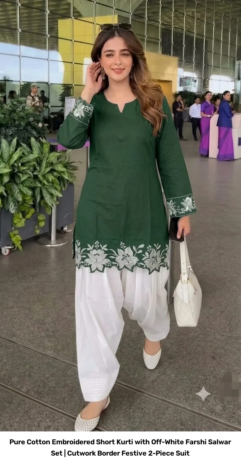 Pure Cotton Embroidered Short Kurti with Off-White Farshi Salwar Set | Cutwork Border Festive 2-Piece Suit 7
