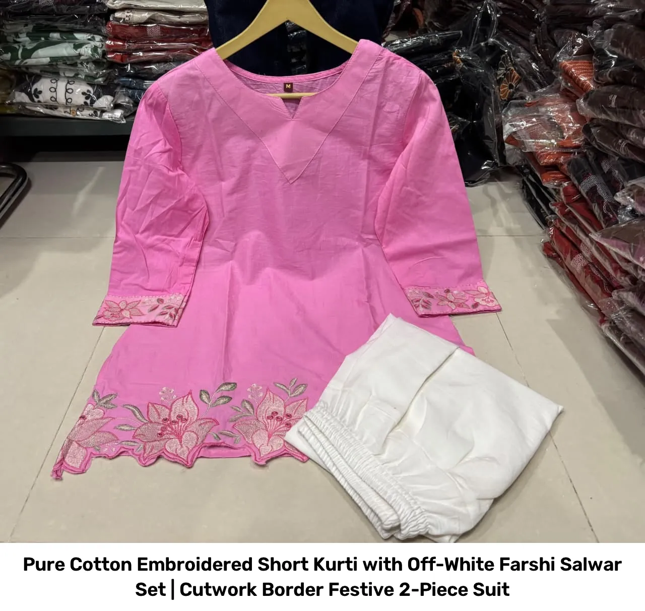 Pure Cotton Embroidered Short Kurti with Off-White Farshi Salwar Set | Cutwork Border Festive 2-Piece Suit 9