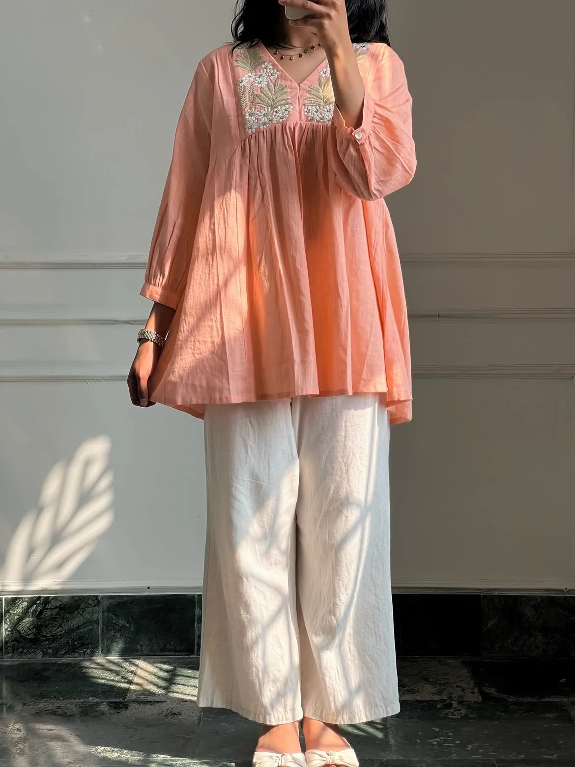 Pure Cotton Embroidered Short Peplum Kurti with Palazzo Set | Women Floral Neck Work Tunic & Flared Plazo Co-Ord Set (M to XXL)